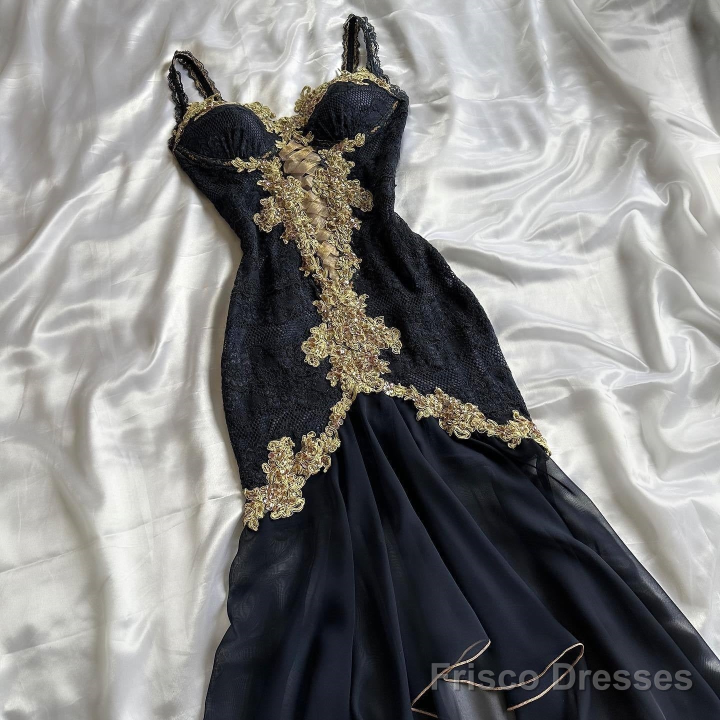 Black Elegant Sweetheart Neck Lace Chiffon Spaghetti Strap Sequin Prom Dress