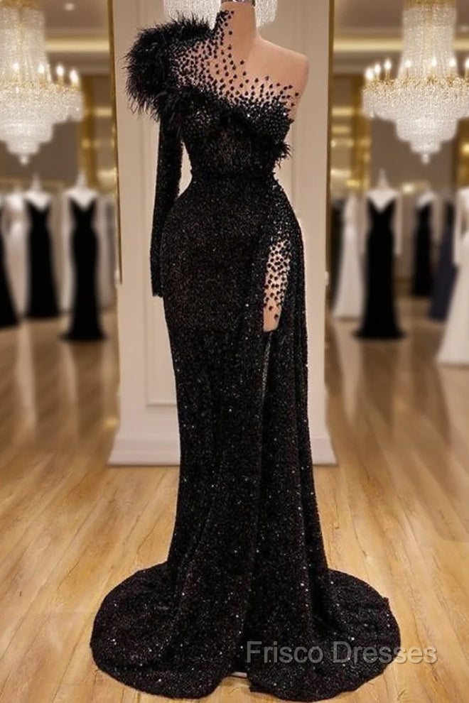 Black Formal Dress High Neck Side Split Long Sleeve Mermaid Formal Prom Dress Feather Beaded Sexy Special Occasion Gowns Main image