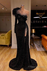 Black Evening Dresses High Neck Side Split Long Sleeve Mermaid Prom Dress Feather Beaded Sexy Special Occasion Gowns