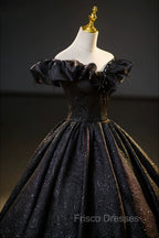 Black Floor Length V-neck Off the Shoulder Formal Dress, Black A-Line Evening Dress