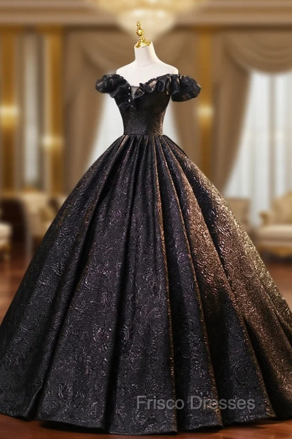 Black Floor Length V-neck Off the Shoulder Formal Dress, Black A-Line Evening Dress Main image