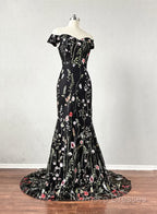 Black Floral Lace Mermaid Off Shoulder Long Party Dress, Black Formal Dress Formal Prom Dress