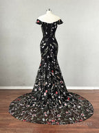 Black Floral Lace Mermaid Off Shoulder Long Party Dress, Black Formal Dress Formal Prom Dress