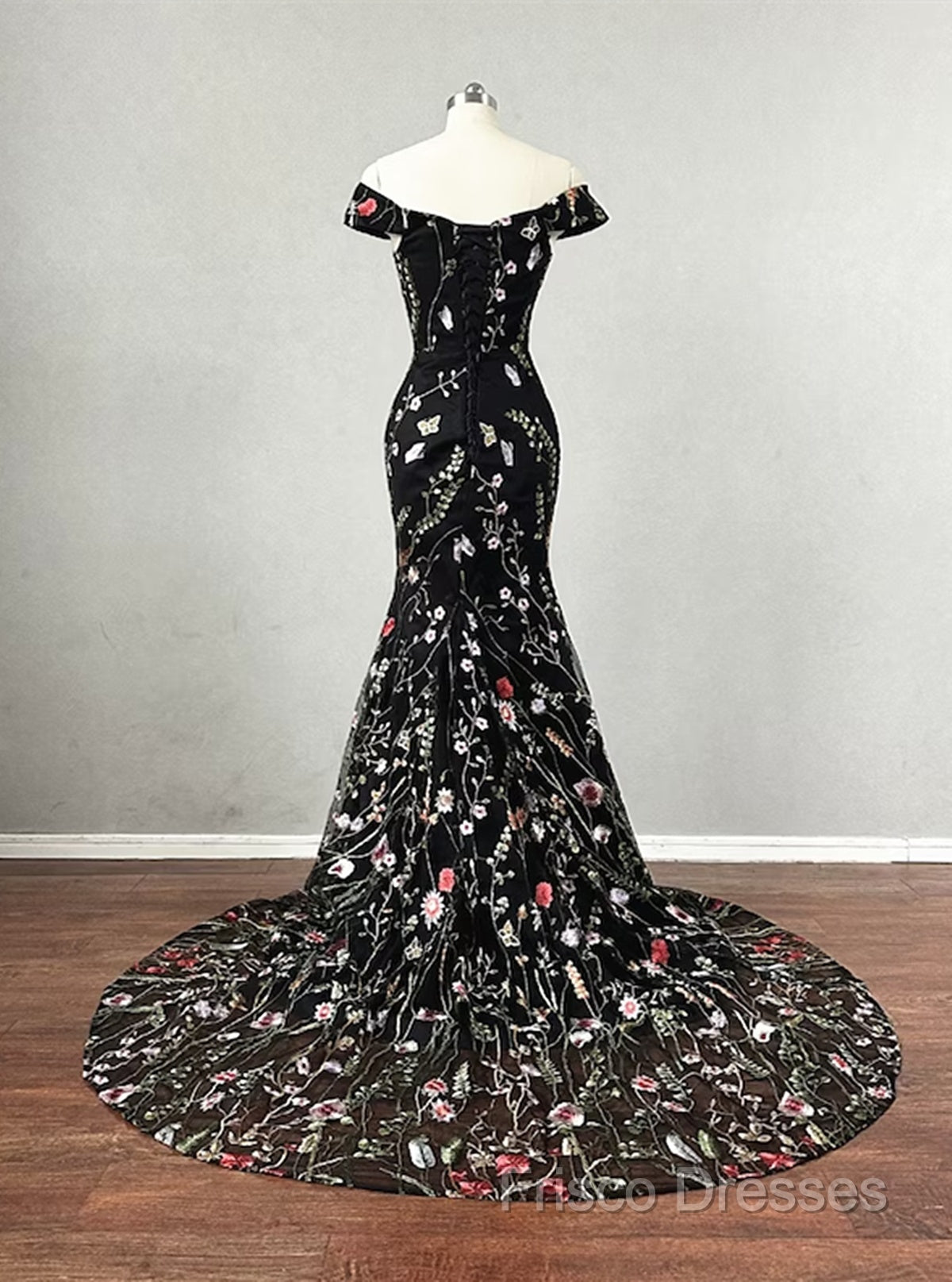Black Floral Lace Mermaid Off Shoulder Long Party Dress, Black Formal Dress Formal Prom Dress