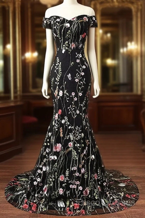 Black Floral Lace Mermaid Off Shoulder Long Party Dress, Black Formal Dress Formal Prom Dress