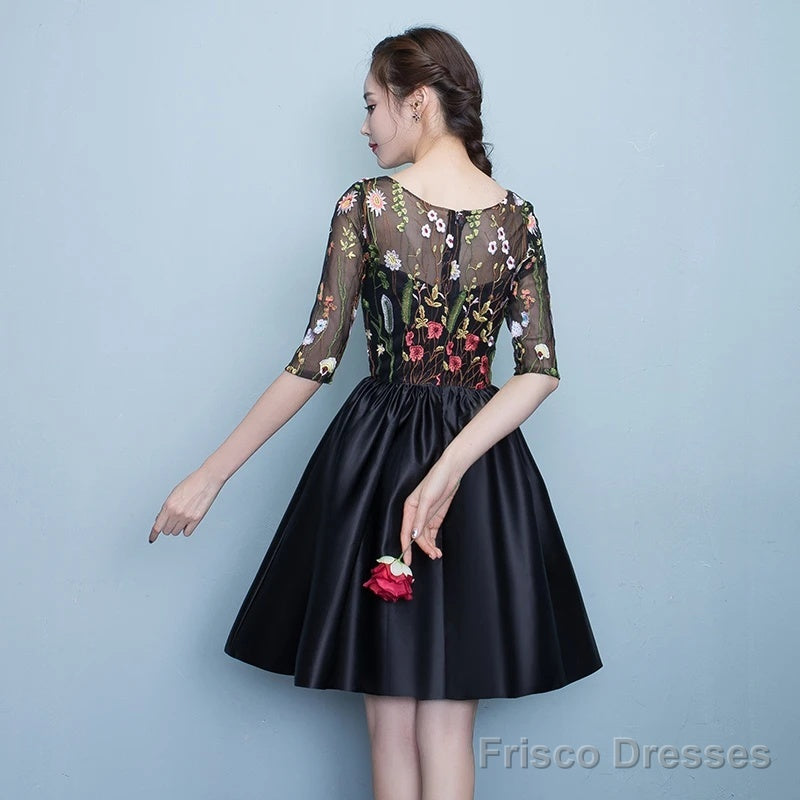 Black Floral Lace Short Sleeves Homeocming Dress, Back Party Dress Wedding Party Dress Secondary image