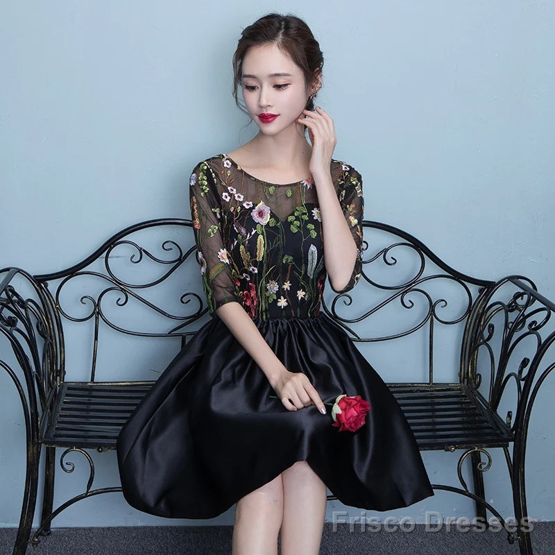 Black Floral Lace Short Sleeves Homeocming Dress, Back Party Dress Wedding Party Dress Main image