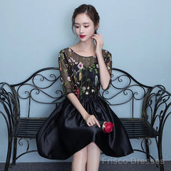 Black Floral Lace Short Sleeves Homeocming Dress, Back Party Dress Wedding Party Dress