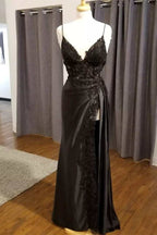 Black Floral Lace V-Neck Long Prom Dress With Slit Birthday Outfits