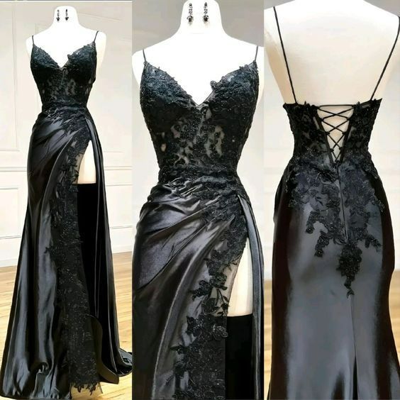 Black Floral Lace V-Neck Long Prom Dress With Slit Birthday Outfits