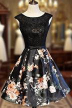 Black Floral Satin and Lace Round Neckline Short Party Dress Formal Prom Dress, Black Homecoming Dress