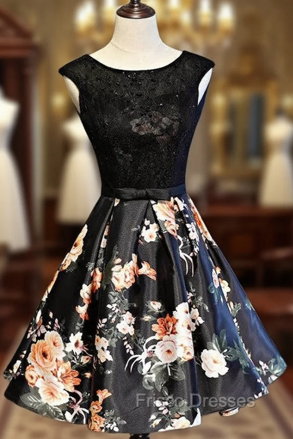 Black Floral Satin and Lace Round Neckline Short Party Dress Formal Prom Dress, Black Homecoming Dress