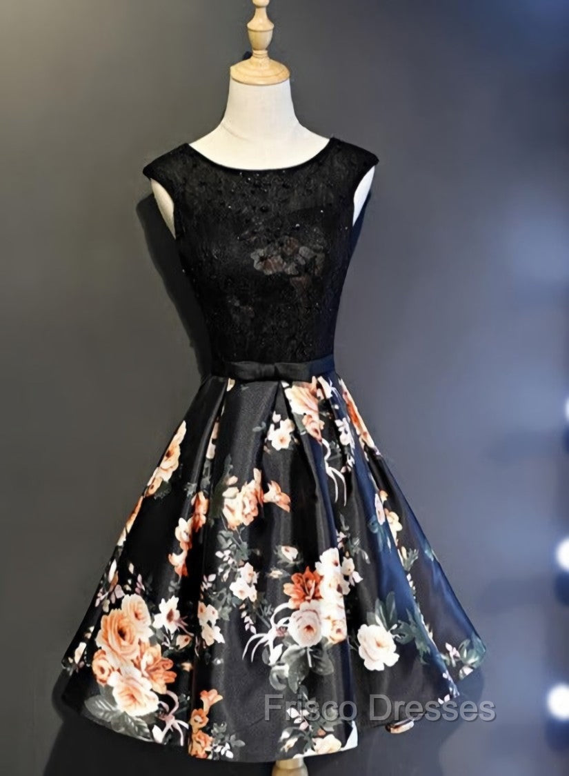 Black Floral Satin and Lace Round Neckline Short Party Dress Formal Prom Dress, Black Homecoming Dress Main image