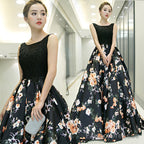 Black Floral Satin Long And Lace A-Line Prom Dress Party Dress, Black Evening Dress