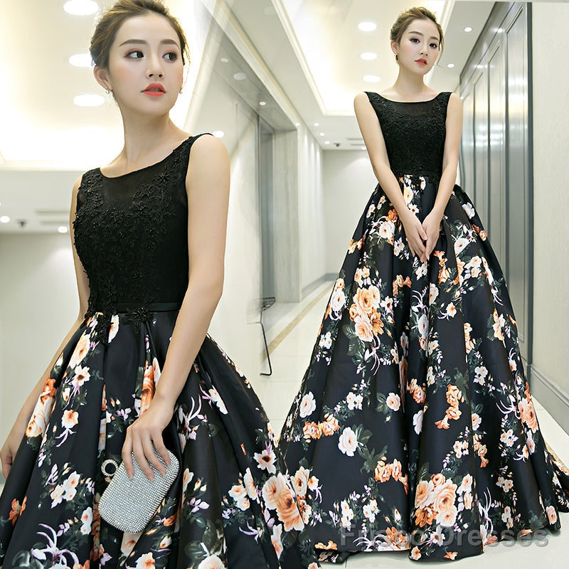 Black Floral Satin Long And Lace A-Line Prom Dress Party Dress, Black Evening Dress