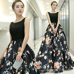 Black Floral Satin Long And Lace A-Line Prom Dress Party Dress, Black Evening Dress