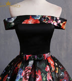 Black Floral Satin Off Shoulder Strapless Long Formal Prom Dress, Formal Dress