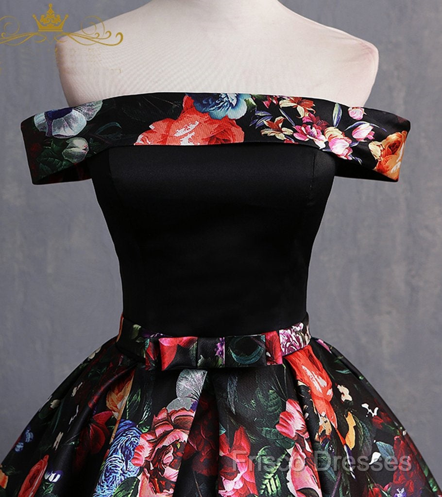 Black Floral Satin Off Shoulder Strapless Long Formal Prom Dress, Formal Dress