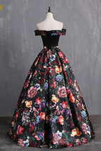 Black Floral Satin Off Shoulder Strapless Long Formal Prom Dress, Formal Dress