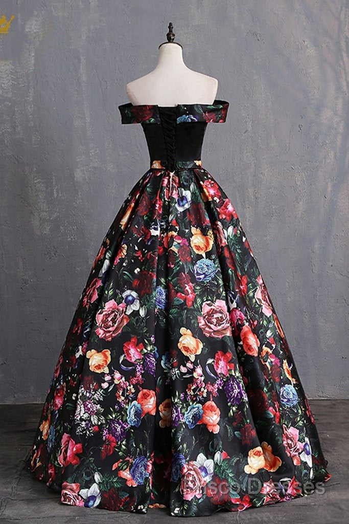 Black Floral Satin Off Shoulder Strapless Long Formal Prom Dress, Formal Dress