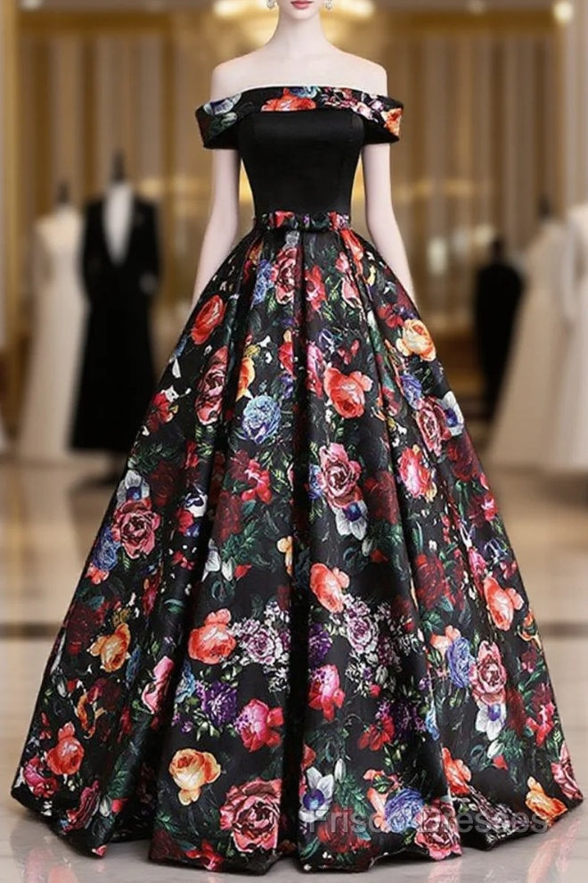 Black Floral Satin Off Shoulder Strapless Long Formal Prom Dress, Formal Dress Main image