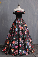 Black Floral Satin Off Shoulder Strapless Long Formal Prom Dress, Evening Dress