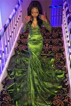 Black Girl Prom Dress Cheap Long Sleeve Lace Green Prom Dresses For Juniors | Sexy V-Neck Mermaid Evening Gowns