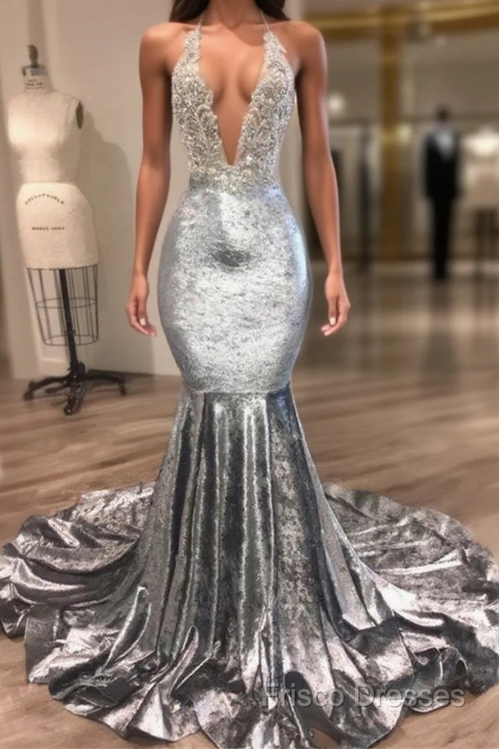 Black Girl Formal Prom Dress Open Back Silver Velvet Formal Prom Dress Cheap | Mermaid Sexy V-Neck Crystals Appliques Formal Gowns Mq0131 Main image
