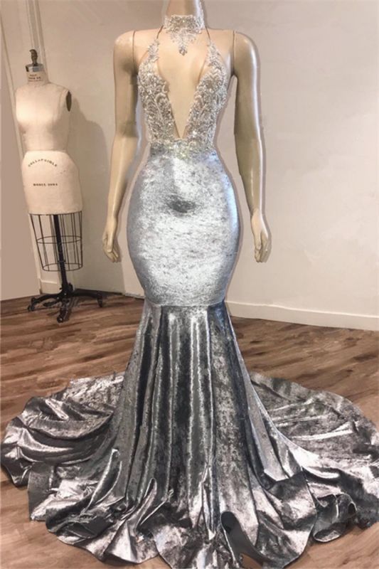 Black Girl Prom Dress Open Back Silver Velvet Prom Dresses Cheap | Mermaid Sexy V-Neck Crystals Appliques Formal Evening Gowns Main image