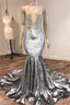 Black Girl Prom Dress Open Back Silver Velvet Prom Dresses Cheap | Mermaid Sexy V-Neck Crystals Appliques Formal Evening Gowns