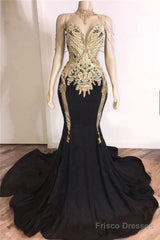 Black Girl Prom Dresses Gold Crystals Appliques Black Prom Dresses Cheap | Sleeveless Mermaid Sexy Evening Gowns