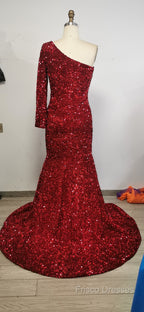 Black Girl Formal Prom Dress One Shoulder Mermaid Red Formal Prom Dress | Cheap Sequins Formal Gowns