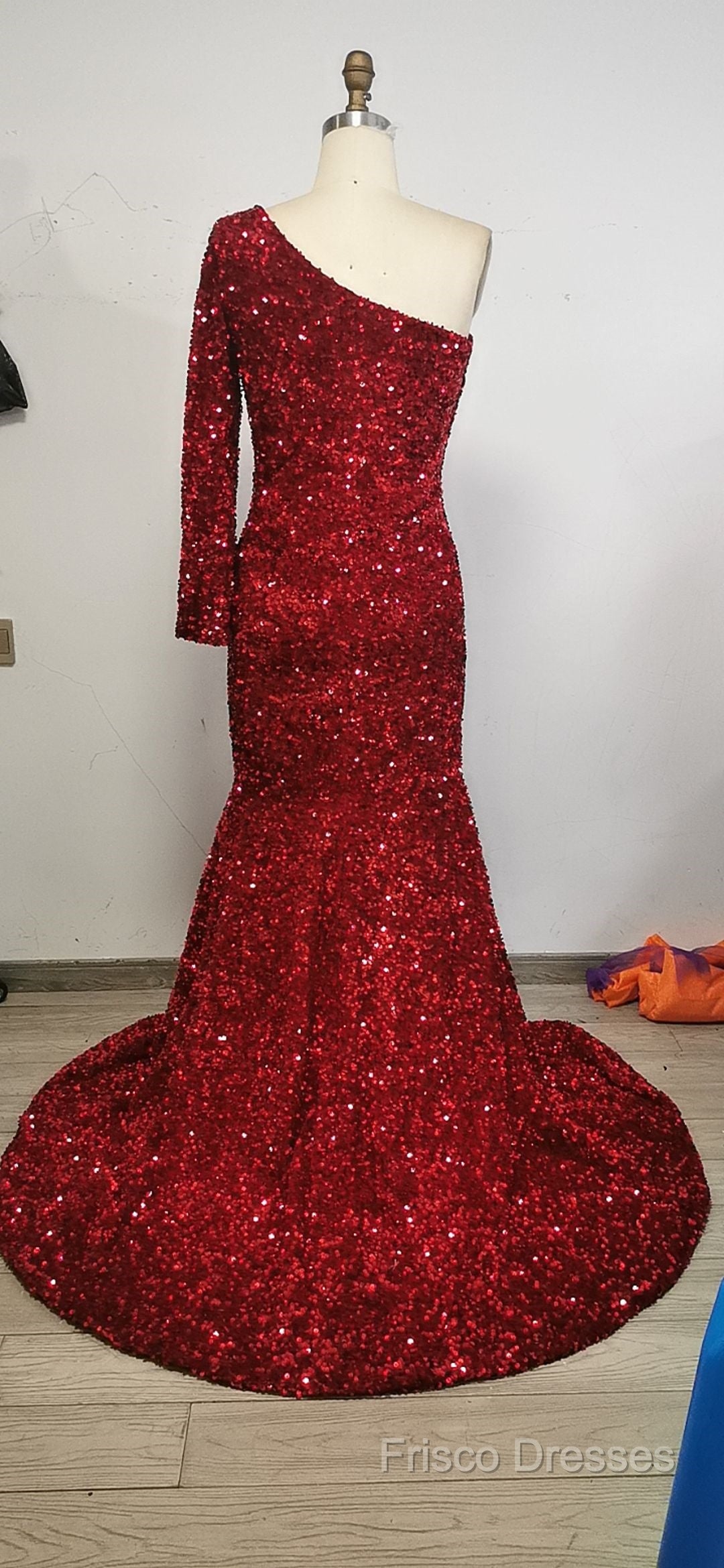 Black Girl Formal Prom Dress One Shoulder Mermaid Red Formal Prom Dress | Cheap Sequins Formal Gowns