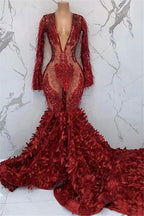 Black Girl Prom Dresses Sexy Deep V-Neck Appliques Prom Dress | Feather Long Sleeve Mermaid Evening Gowns