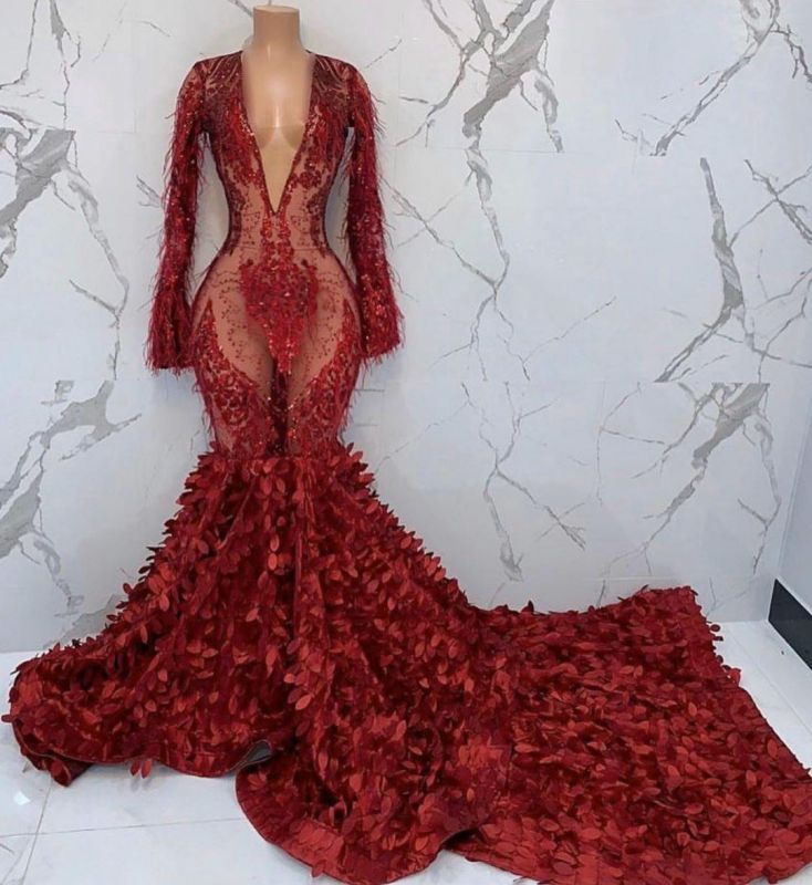 Black Girl Prom Dresses Sexy Deep V-Neck Appliques Prom Dress | Feather Long Sleeve Mermaid Evening Gowns Main image