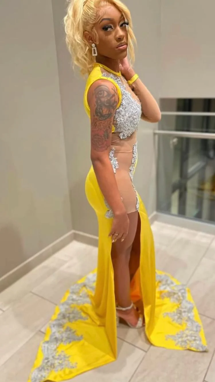 Black Girl Yellow Lace Evening Dresses,Silver Lace Prom Dresses, Sexy Evening Dresses