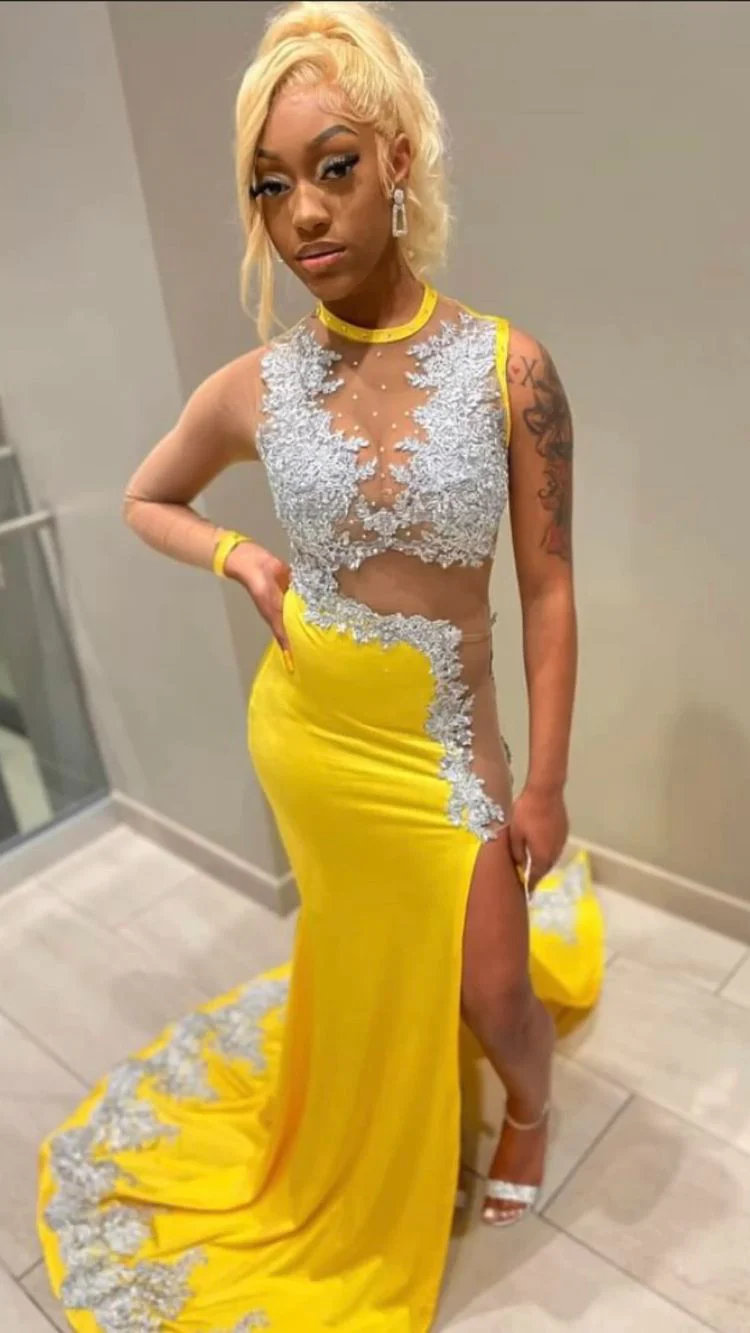 Black Girl Yellow Lace Evening Dresses,Silver Lace Prom Dresses, Sexy Evening Dresses