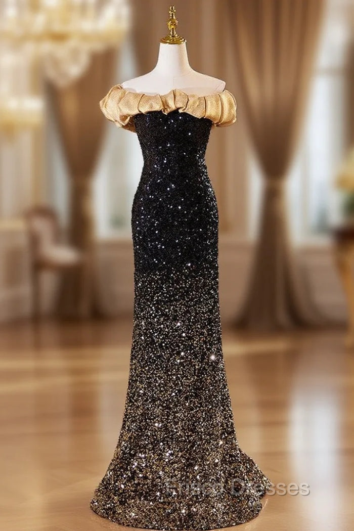 Black Gold Sequins Mermaid Formal Prom Dress