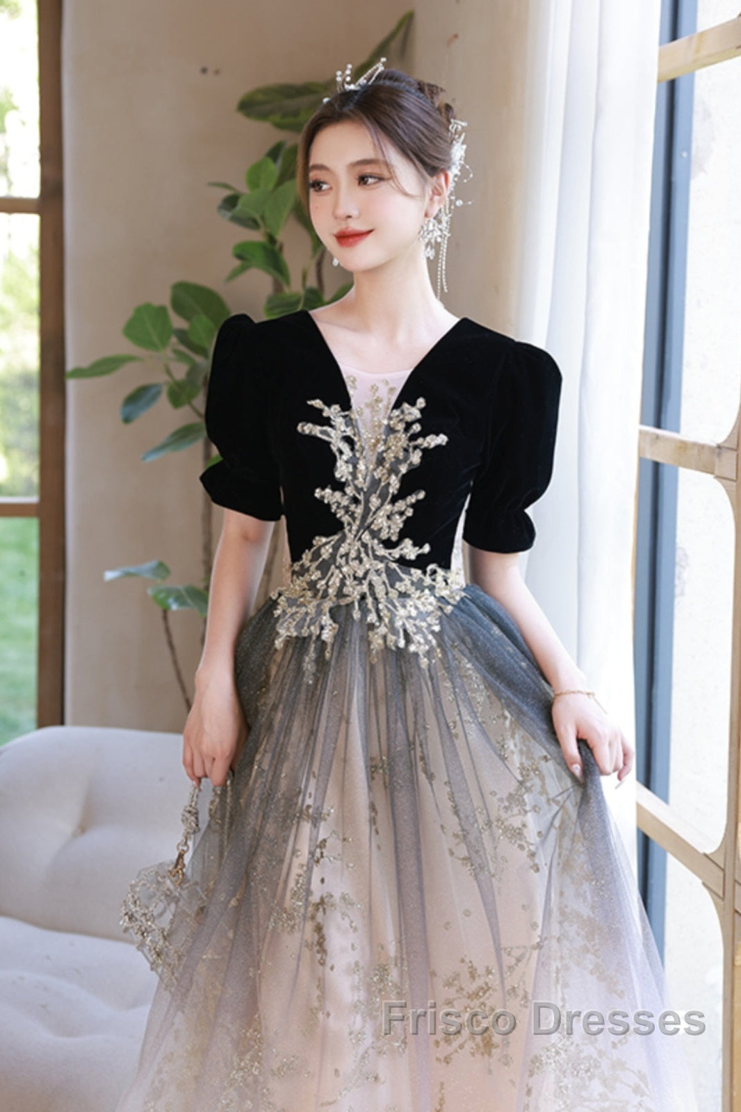 Black Gradient Tulle And Velvet Short Sleeves Party Dress, A-Line Tulle Long Formal Dress Secondary image