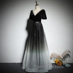 Black Gradient tulle and Velvet Short Sleeves V-neckline Tulle Party Dress, Black Tulle Formal Prom Dress