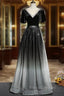 Black Gradient tulle and Velvet Short Sleeves V-neckline Tulle Party Dress, Black Tulle Formal Prom Dress