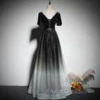 Black Gradient tulle and Velvet Short Sleeves V-neckline Tulle Party Dress, Black Tulle Formal Prom Dress