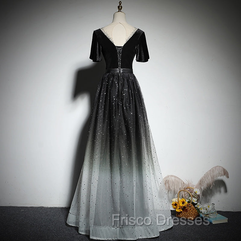 Black Gradient tulle and Velvet Short Sleeves V-neckline Tulle Party Dress, Black Tulle Formal Prom Dress