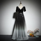 Black Gradient tulle and Velvet Short Sleeves V-neckline Tulle Party Dress, Black Tulle Formal Prom Dress