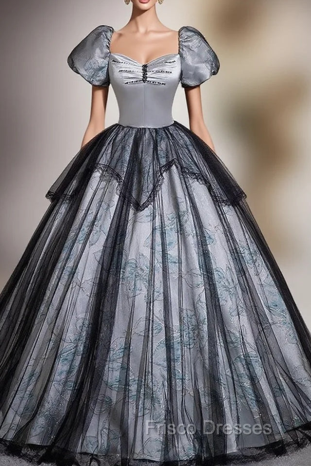 Black Gray Tulle Puff Sleeve Beading Quinceanera Dress Main image