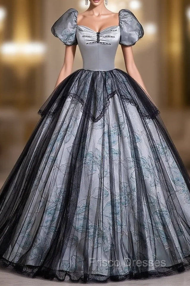 Black Gray Tulle Short Sleeve Quinceanera Dress Main image