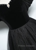 Black Haler Tulle And Velvet Long Formal Prom Dress, Black A-Line Tulle Evening Dress
