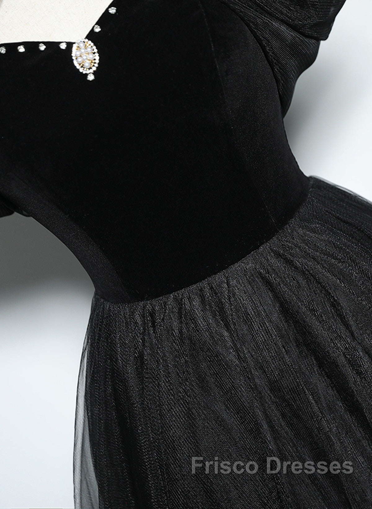 Black Haler Tulle And Velvet Long Formal Prom Dress, Black A-Line Tulle Evening Dress