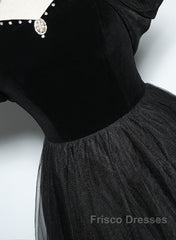 Black Haler Tulle And Velvet Long Formal Prom Dress, Black A-Line Tulle Evening Dress