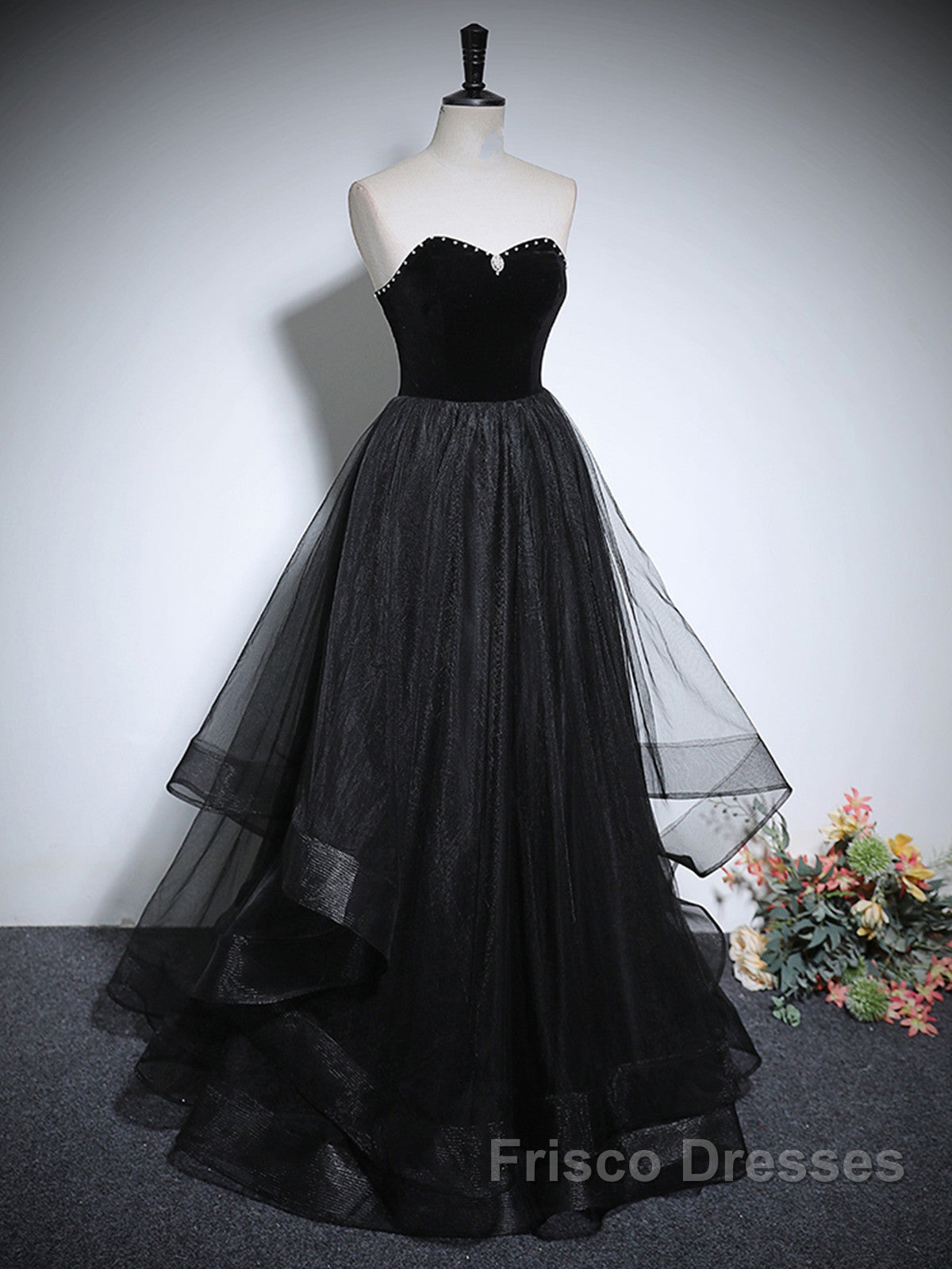 Black Haler Tulle And Velvet Long Formal Prom Dress, Black A-Line Tulle Evening Dress